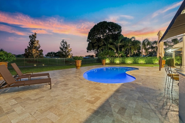 view of swimming pool with a fenced in pool, a patio area, and a fenced backyard