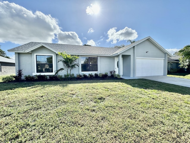 single story home featuring a front yard and a garage