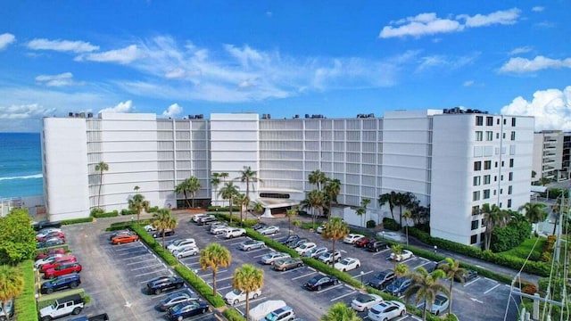 view of building exterior with a water view