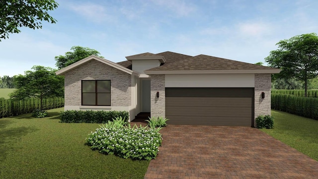 view of front facade with a garage and a front lawn