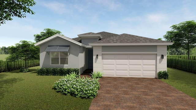 ranch-style house featuring a garage and a front yard