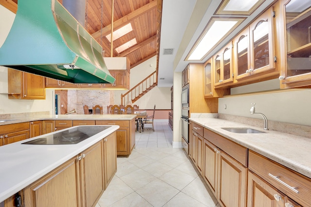 kitchen with ventilation hood, black electric cooktop, decorative backsplash, light tile patterned floors, and wood ceiling