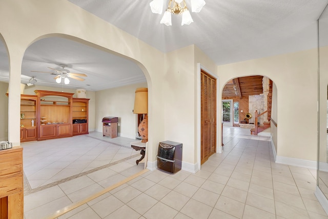 corridor with light tile patterned floors and heating unit