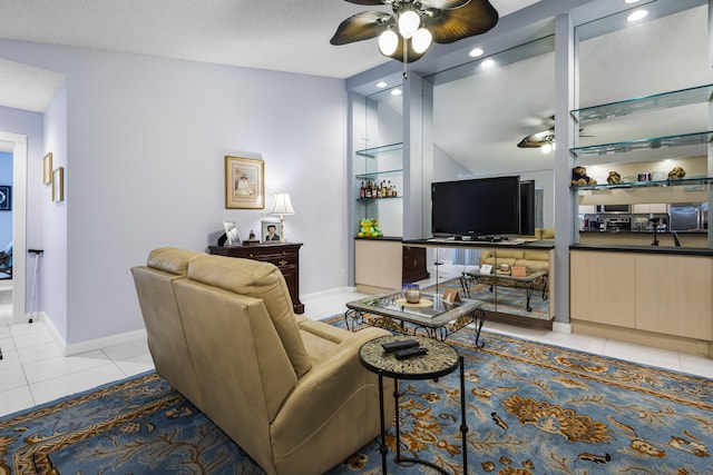 tiled living room with a textured ceiling