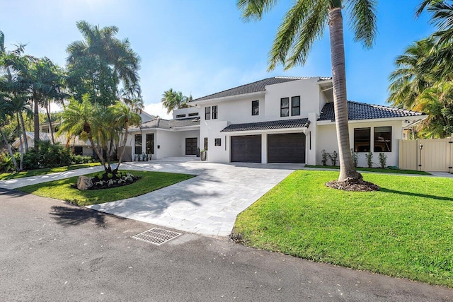 view of front facade featuring a front lawn and a garage