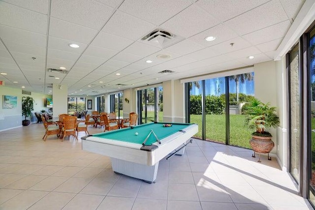 game room with a drop ceiling and pool table