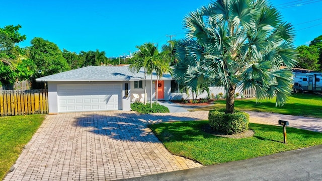 view of front of property featuring a garage and a front lawn