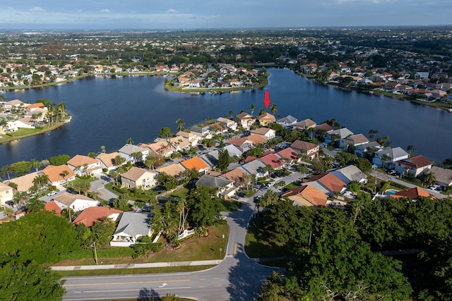 drone / aerial view featuring a water view