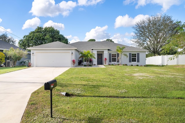 ranch-style house with a front yard and a garage