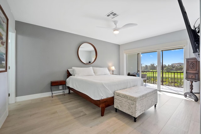 bedroom featuring access to outside and ceiling fan