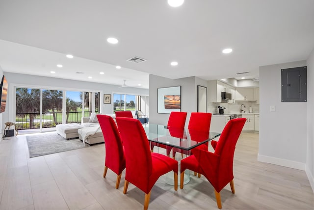 dining room featuring electric panel, ceiling fan, and sink