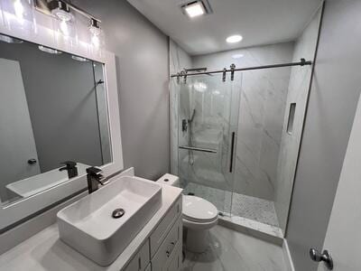 bathroom with vanity, toilet, and a shower with shower door