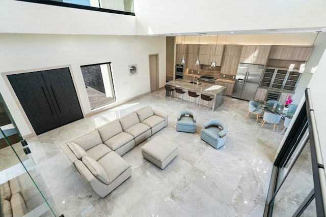 living room with a high ceiling