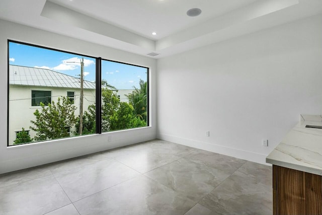 spare room with a tray ceiling and a wealth of natural light