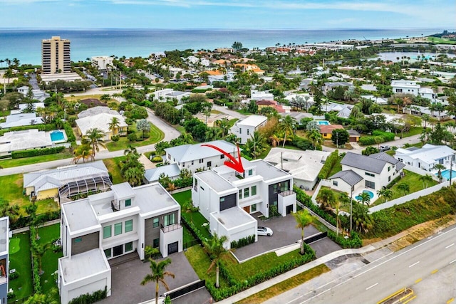 aerial view featuring a water view