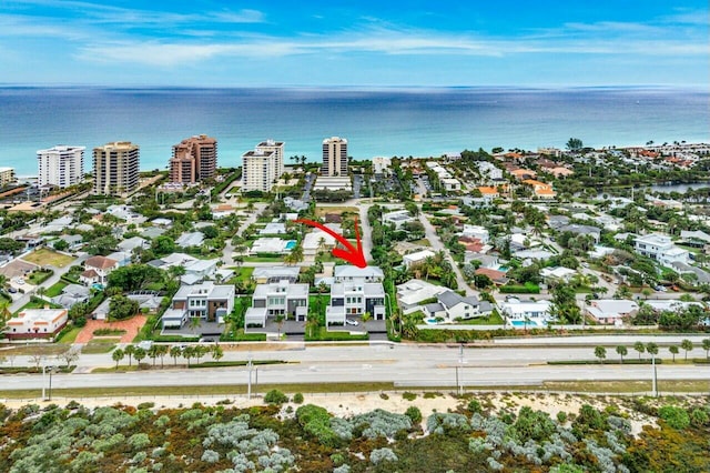 drone / aerial view featuring a water view