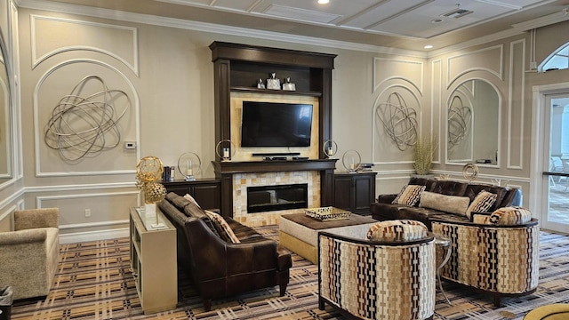 living room with ornamental molding