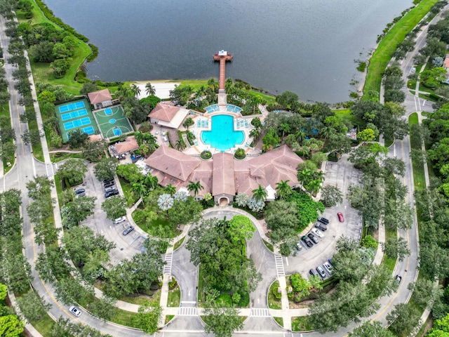 aerial view featuring a water view