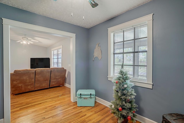 living area with a textured ceiling, light hardwood / wood-style flooring, plenty of natural light, and ceiling fan