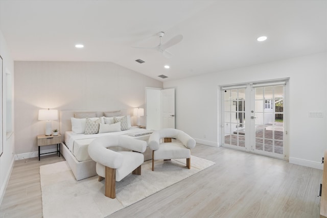 bedroom with french doors, light wood-type flooring, access to outside, vaulted ceiling, and ceiling fan