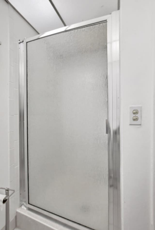 bathroom with a shower with shower door