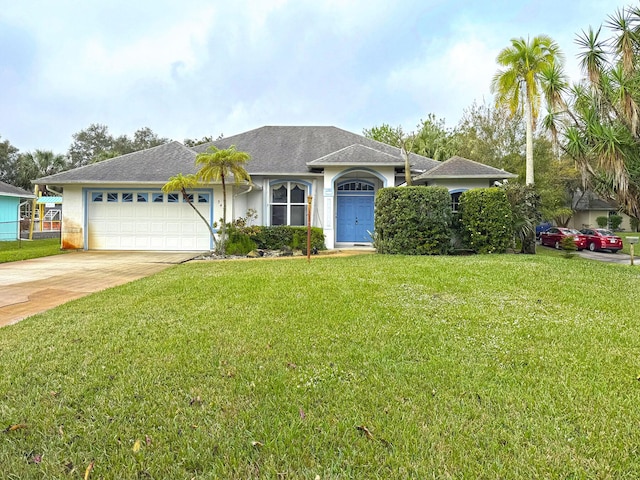 single story home featuring a front lawn and a garage