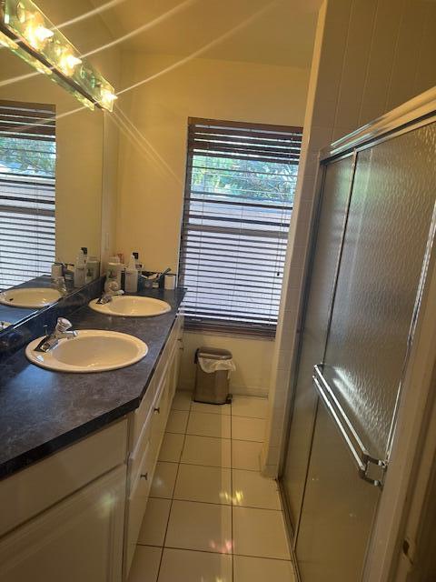 bathroom featuring tile patterned flooring, vanity, walk in shower, and a wealth of natural light