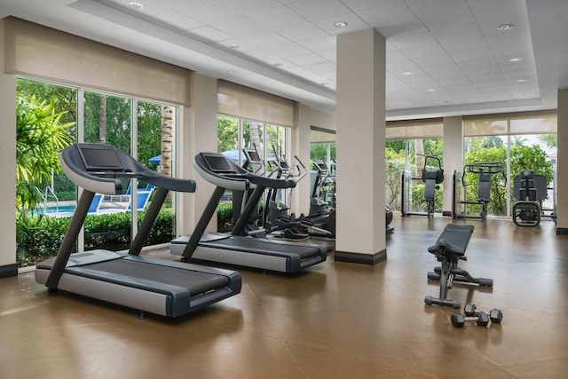 workout area featuring a drop ceiling and a wealth of natural light