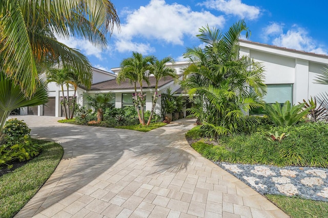 view of front of home featuring decorative driveway and stucco siding