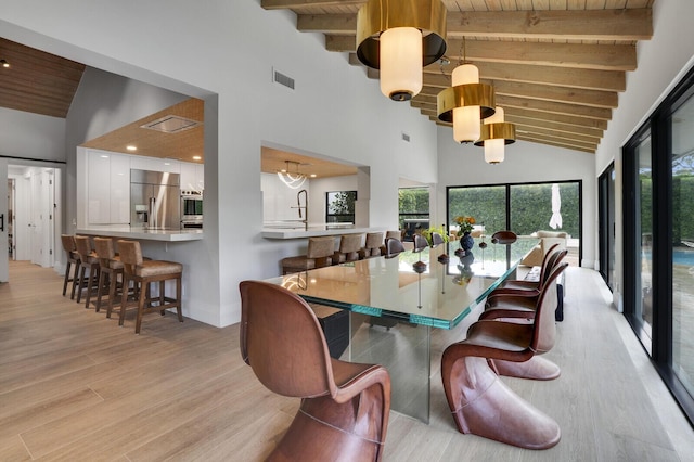 dining space with high vaulted ceiling, light wood-style flooring, wood ceiling, visible vents, and beamed ceiling