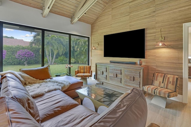 living room featuring wood ceiling, wood-type flooring, beam ceiling, and high vaulted ceiling