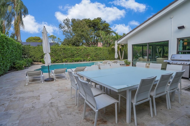 view of patio / terrace featuring a fenced in pool and area for grilling