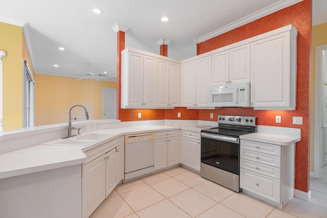 kitchen featuring white cabinetry, ceiling fan, sink, white appliances, and ornamental molding