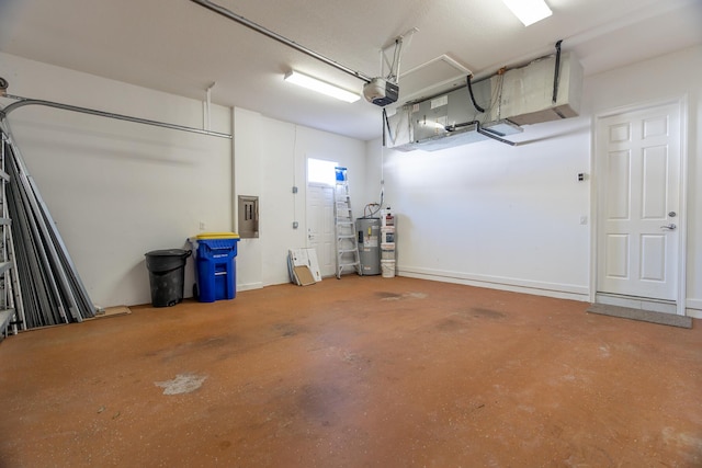 garage with electric panel, a garage door opener, and water heater