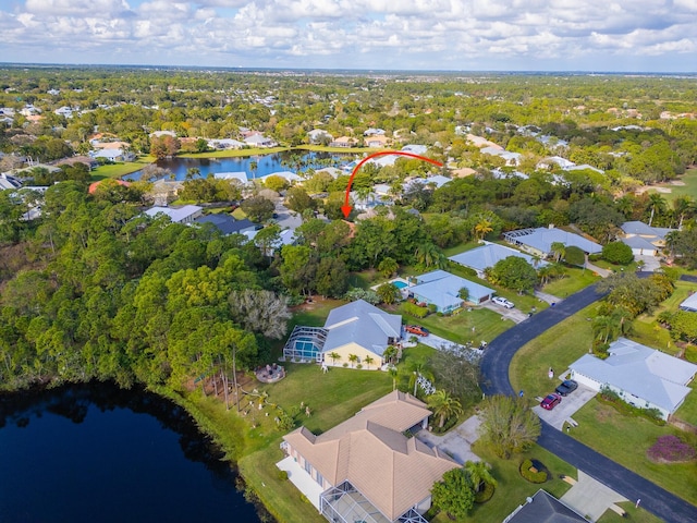 aerial view featuring a water view