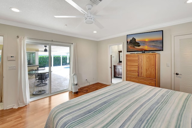 bedroom with ensuite bath, ceiling fan, crown molding, access to outside, and a closet