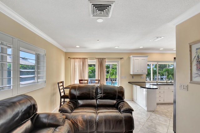 living room with ornamental molding and a textured ceiling