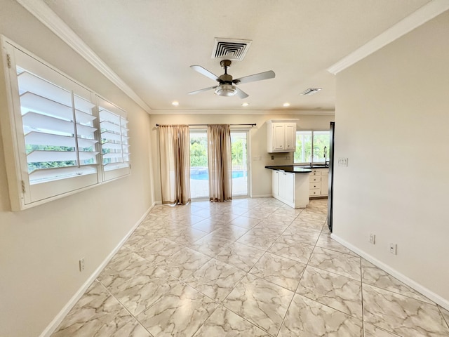 850 Holly Ln, Boca Raton, FL 33486 - unfurnished living room with visible vents, baseboards, ornamental molding, and ceiling fan