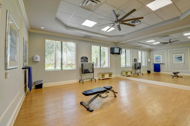 exercise area with hardwood / wood-style flooring, ceiling fan, a tray ceiling, crown molding, and a drop ceiling