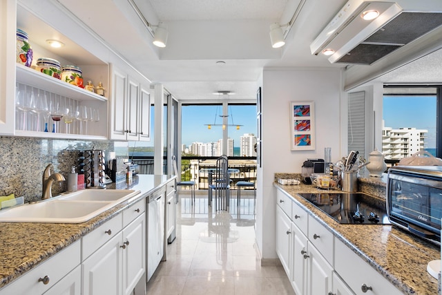 kitchen featuring rail lighting, white cabinetry, and a wall of windows