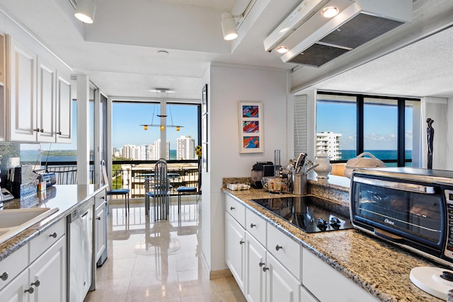 kitchen with white cabinets, black electric cooktop, expansive windows, and a healthy amount of sunlight