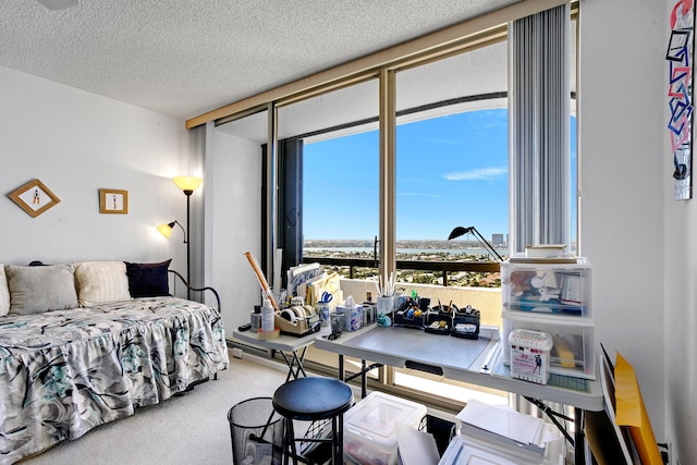 carpeted bedroom featuring a textured ceiling and expansive windows