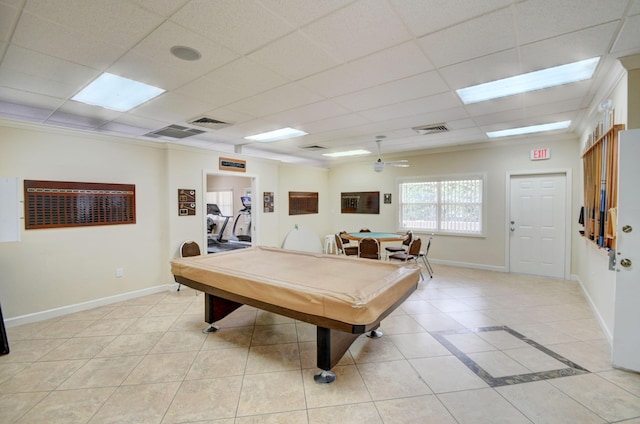 game room featuring a drop ceiling, light tile patterned floors, and pool table