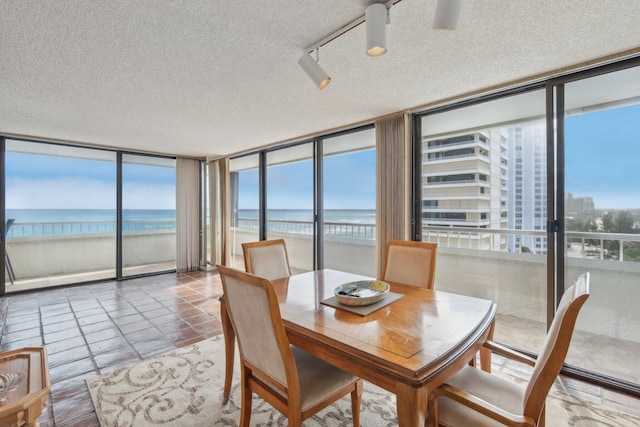 tiled dining area with plenty of natural light, a water view, a beach view, and a wall of windows