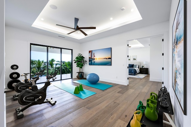 exercise area featuring hardwood / wood-style floors, a tray ceiling, and ceiling fan