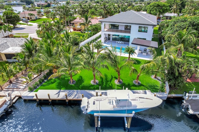 aerial view featuring a water view