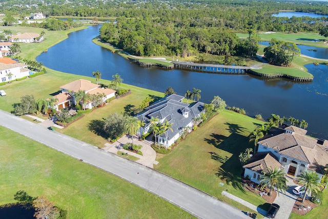 drone / aerial view with a water view