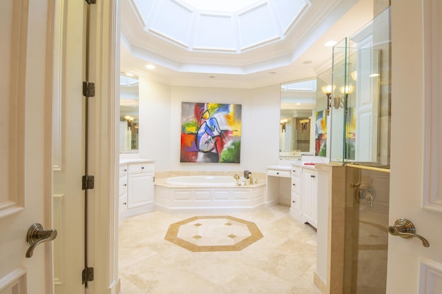 bathroom with vanity, a raised ceiling, crown molding, and independent shower and bath