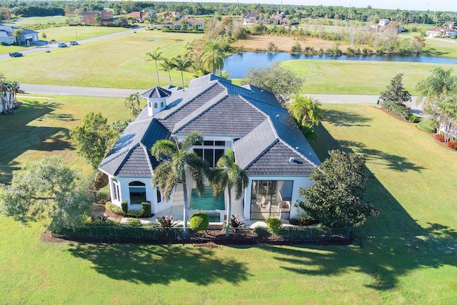 drone / aerial view featuring a water view