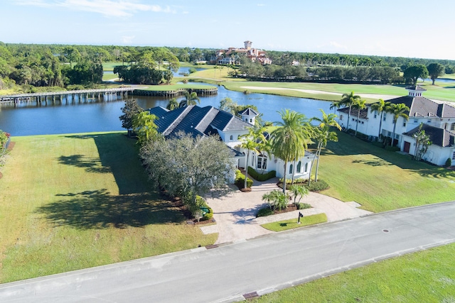 drone / aerial view with a water view